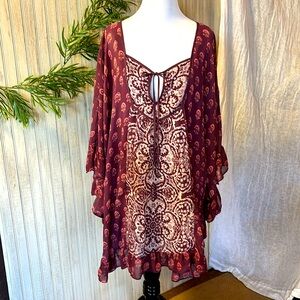 Free People Marla Dreams Red Paisley Boho Flutter Sleeve Mini Kaftan Dre…